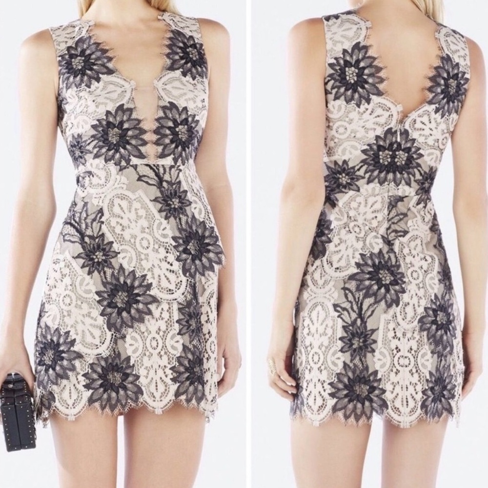 BCBGMaxAzria Black and Cream Floral Lace Mini Dress